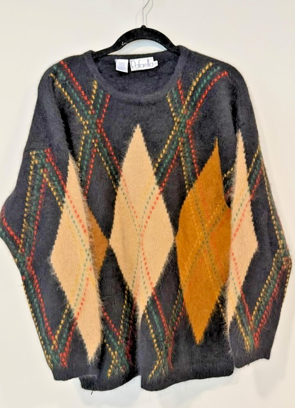 Vintage Womens Raefella Sweater Argyle Brown Tones Angora Wool Blend Size 1X